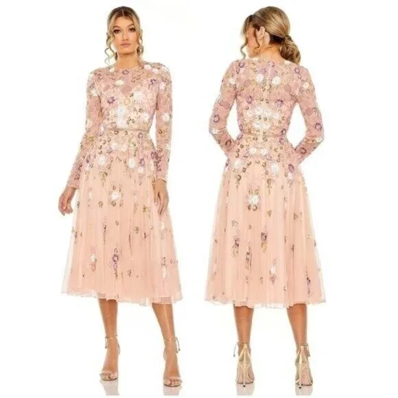 Mac Duggal | Dresses | Mac Duggal 576 Size 14 Sequin Floral Long Sleeve  Midi Dress Aline Beaded Tulle | Poshmark